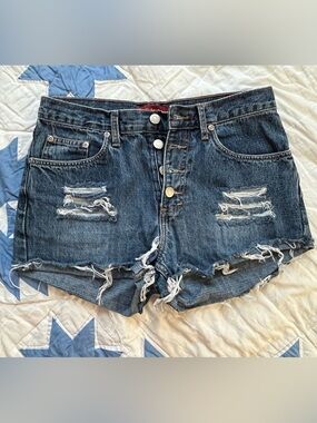 Zena Dark Blue Distressed Button-Front Jean Shorts